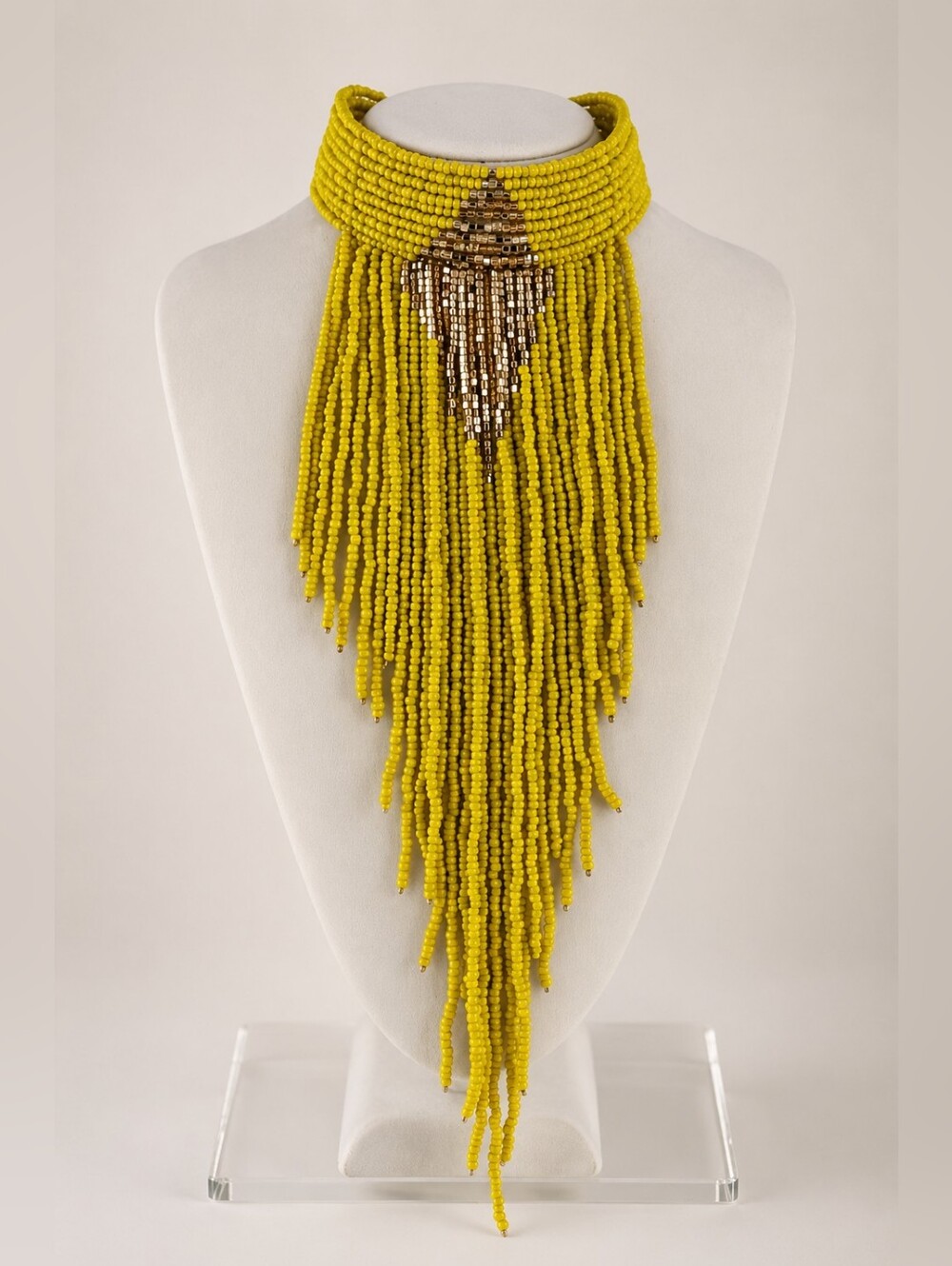Statement Yellow Beaded Fringe Bold Boho Tribal-Inspired Couture Collar Necklace